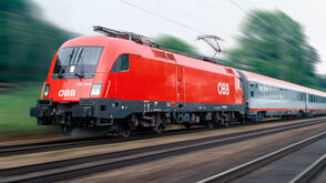 Austrian Train travels through scenic landscape